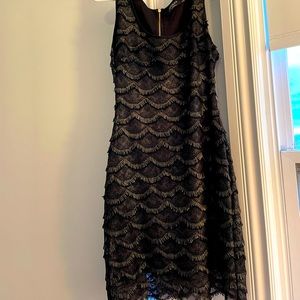 Black Guess cocktail dress with gold metallic scalloped detail